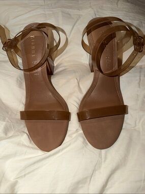 Gianni Bini Tan Brown Clear-Strap Block Heel Sandals